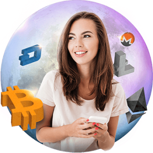 coinstove home image - cryptocurrency logos surrounding girl holding a device